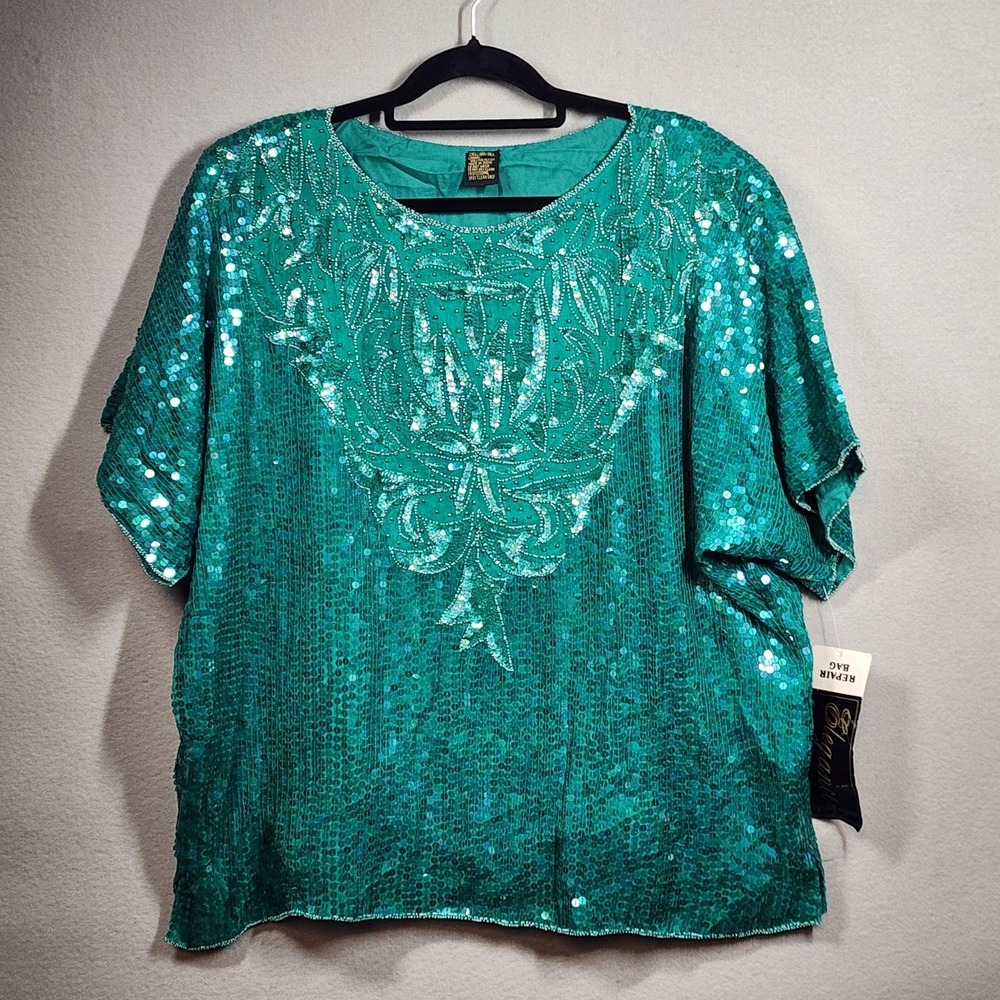 Elegance By Anujan‎ Silk Beaded Top Womens 20 Green Sequin Blouse Formal Vintage